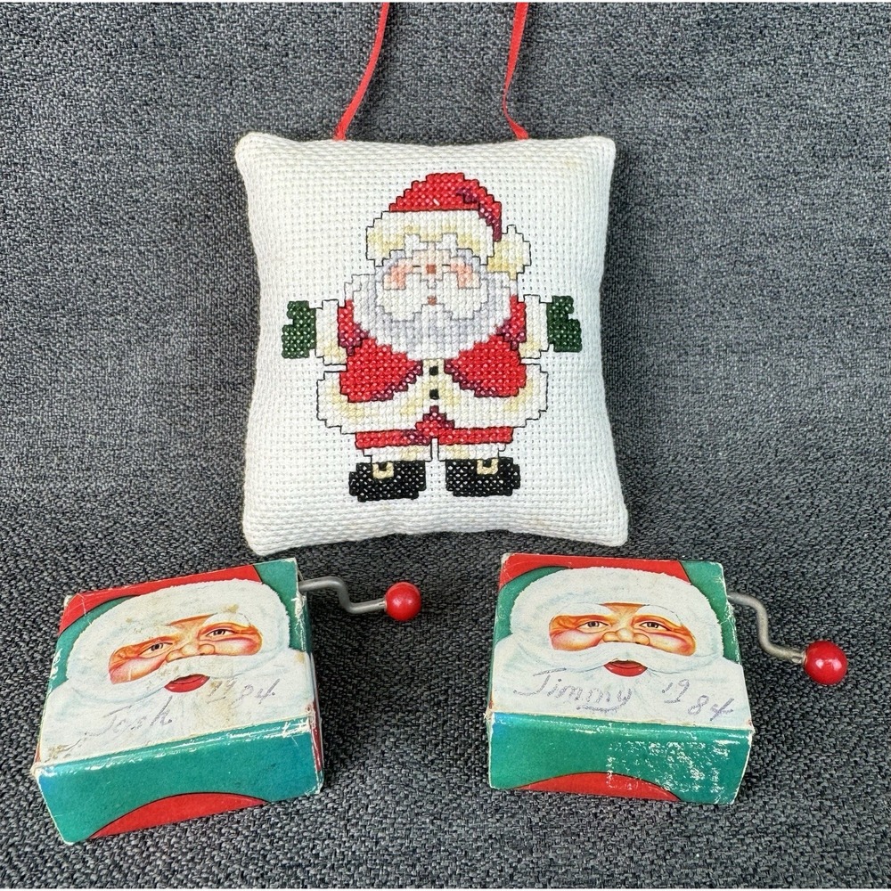 Vintage Christmas Trinket Lot Tiny Needle Point Pillow 2 Hurdy Gurdy Music Boxes